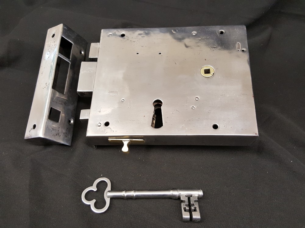 georgian steel box lock keep and key with brass embellishments